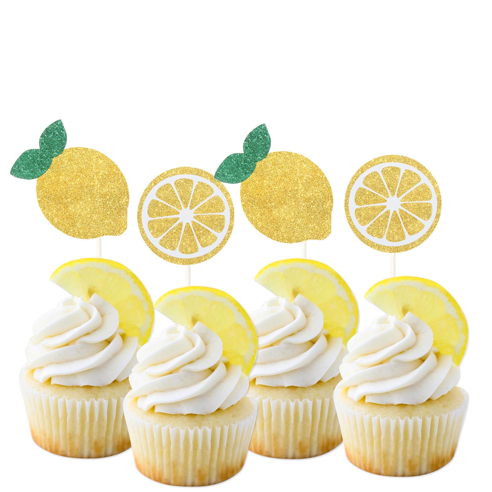 Oskal 24Pcs Glitter Lemon Cupcake Toppers Fruits Theme Party, Lemonade Party Decor, Summer Cupcake Toppers, Main Squeeze Party D