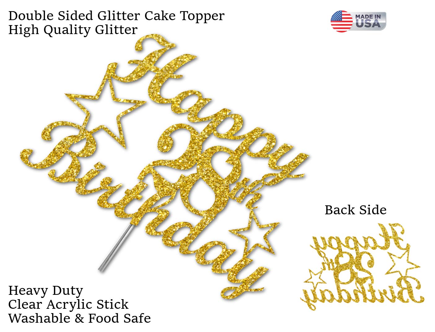 28 Birthday Cake Topper Gold Glitter, Party Decoration Ideas, Premium Quality, Sturdy Doubled Sided Glitter, Acrylic Stick. Made