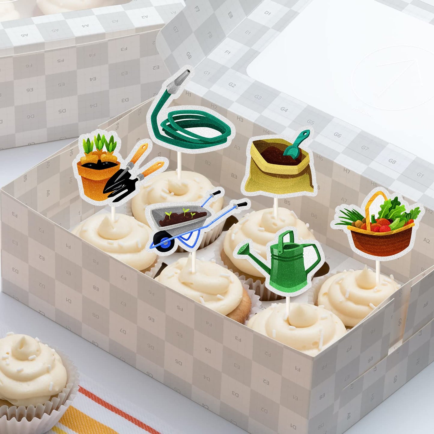Mefeng 18 Pcs Vegetable Garden Theme Cupcake Topper, Garden Tool Summer Party Dessert Cupcake Decorations - Spring Theme Party D