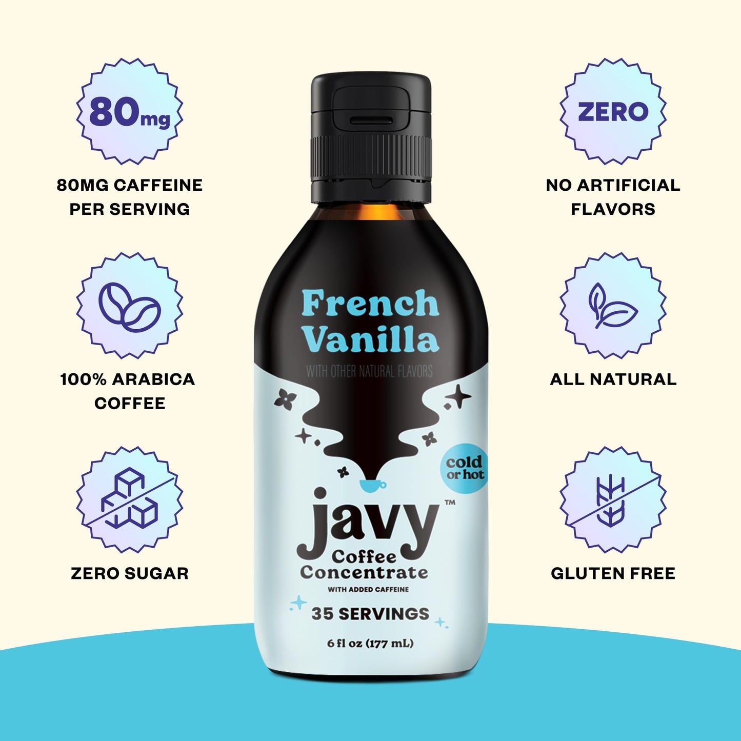 Javvy Coffee Concentrate - Cold Brew Coffee, French Vanilla, 6 Fl Oz, 35 Servings, Black