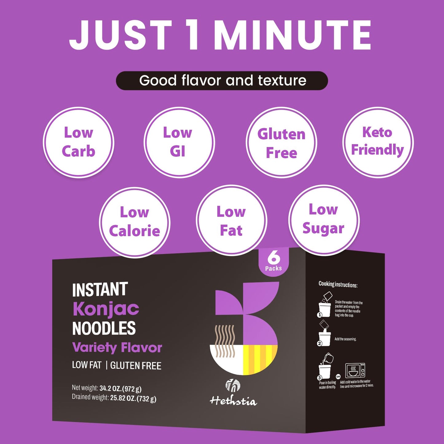 Hethstia Konjac Noodle, 6-Pack Instant Shirataki Noodle Soup Cups Variety Flavor(Spicy Red Curry, Miso, Kimchi, Tom Yum) - Low-C