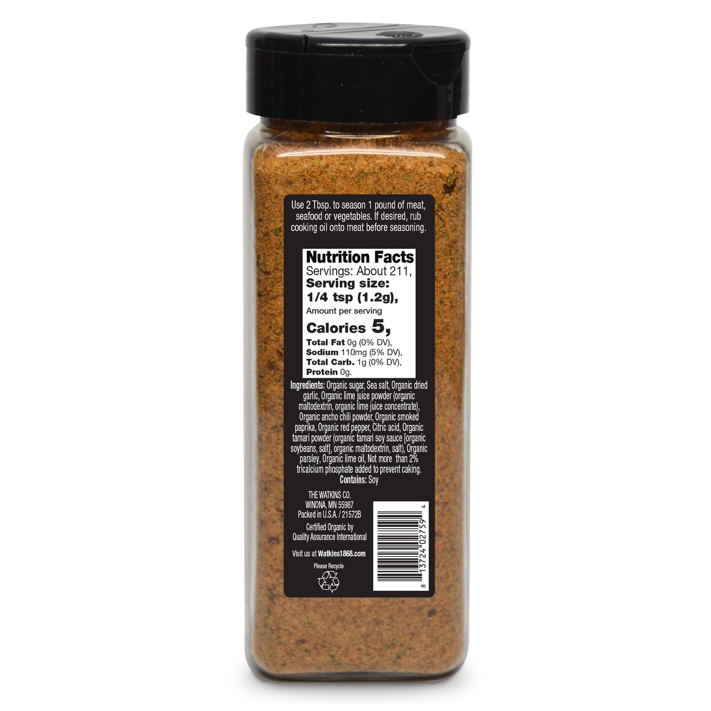 Watkins 1868 Organic Grilling Chili Lime Seasoning  Bulk 8.9 oz (Pack of 1)