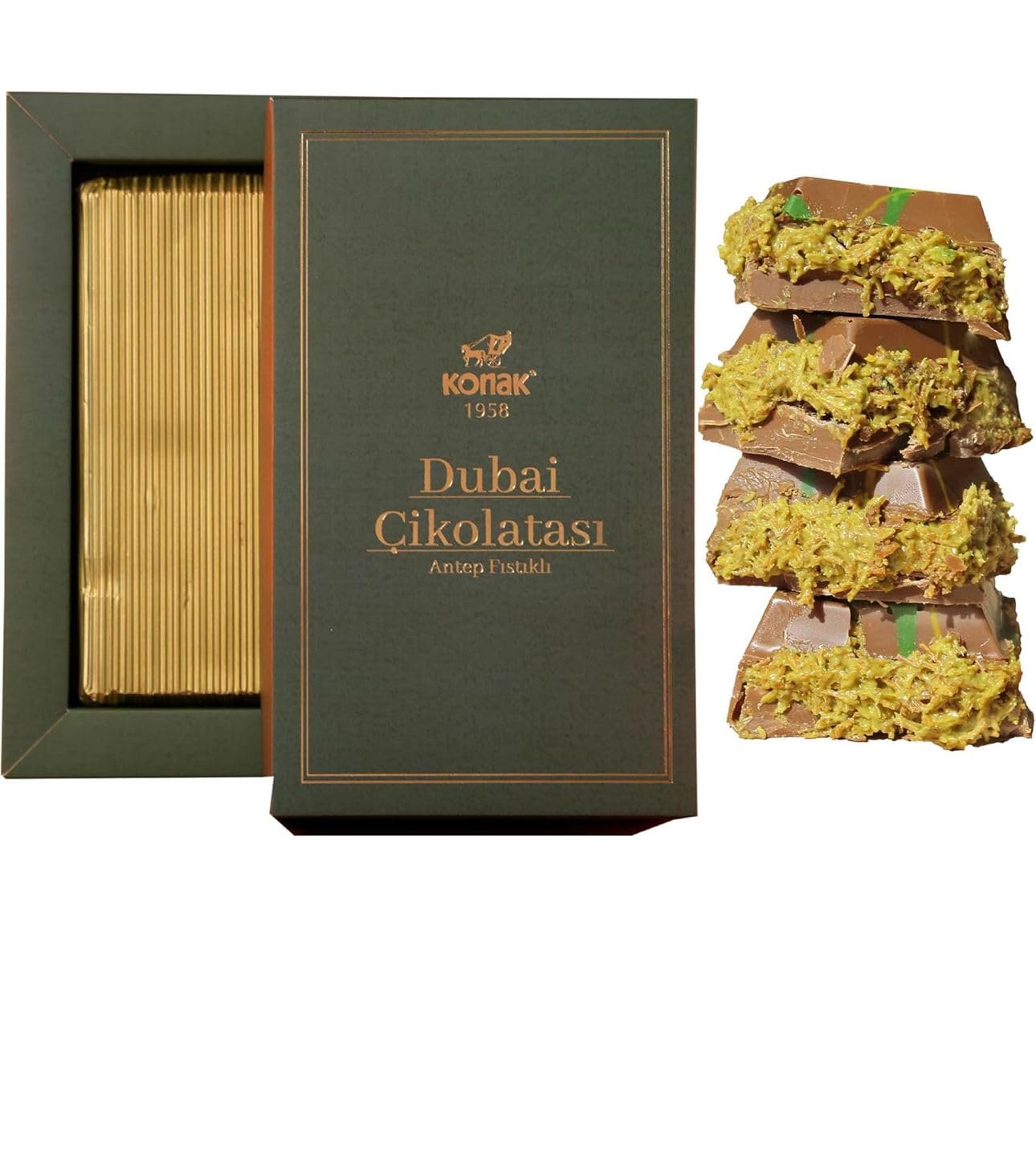 Generic Angel Hair & Dubai Chocolate Gift Box - Kunafa Pistachio 200g + Chocolate Cotton Candy Bar 170g - elegant Assorted Sweets