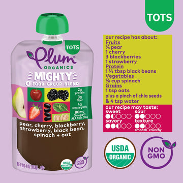 Plum Organics Mighty 4 Organic Toddler Food - Pear, Cherry, Blackberry, Strawberry, Black Bean, Spinach, And Oat - 4 Oz Pouch -