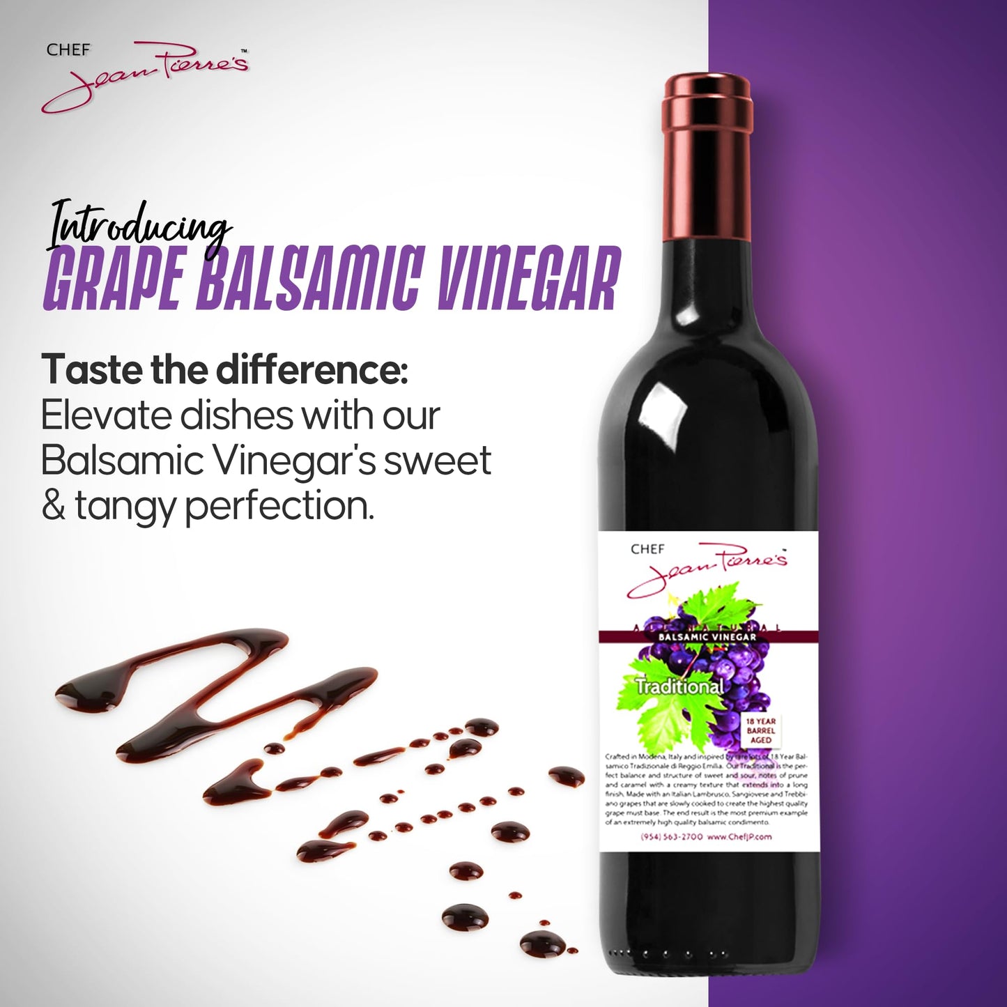Chef Jean Pierre'S Italian Balsamic Vinegar - 750Ml (25Oz) Rich Grape Flavor, 18-Year Traditional Barrel Aged - Ideal For Enhanc