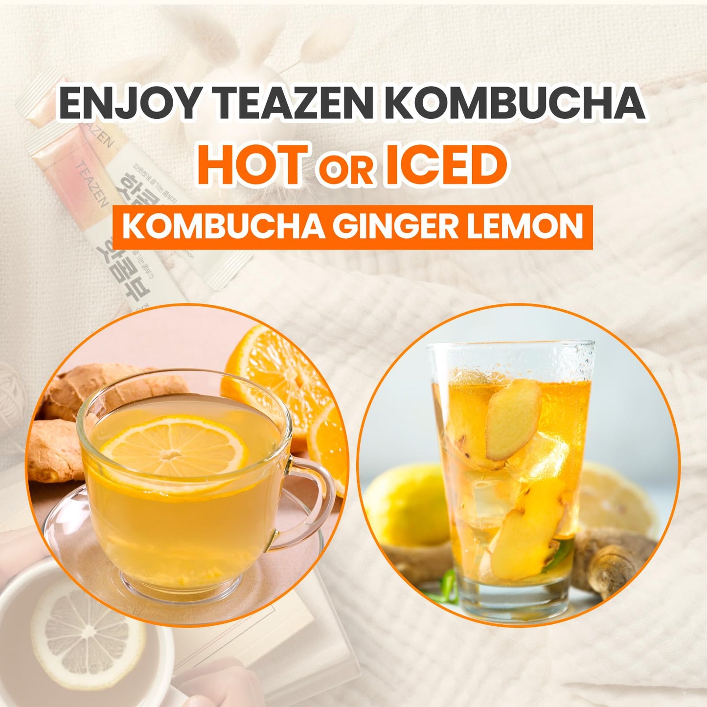 TEAZEN Lemon Ginger Hot Kombucha Tea, Sugar Free, 30 Servings, Relaxation Drink Mix