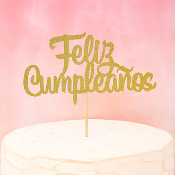 Spanish Feliz Cumpleaos Cake Topper - Gold Glitter Happy Birthday Cake Topper, Fiesta Theme Party Decoration Supplies, Single-Si