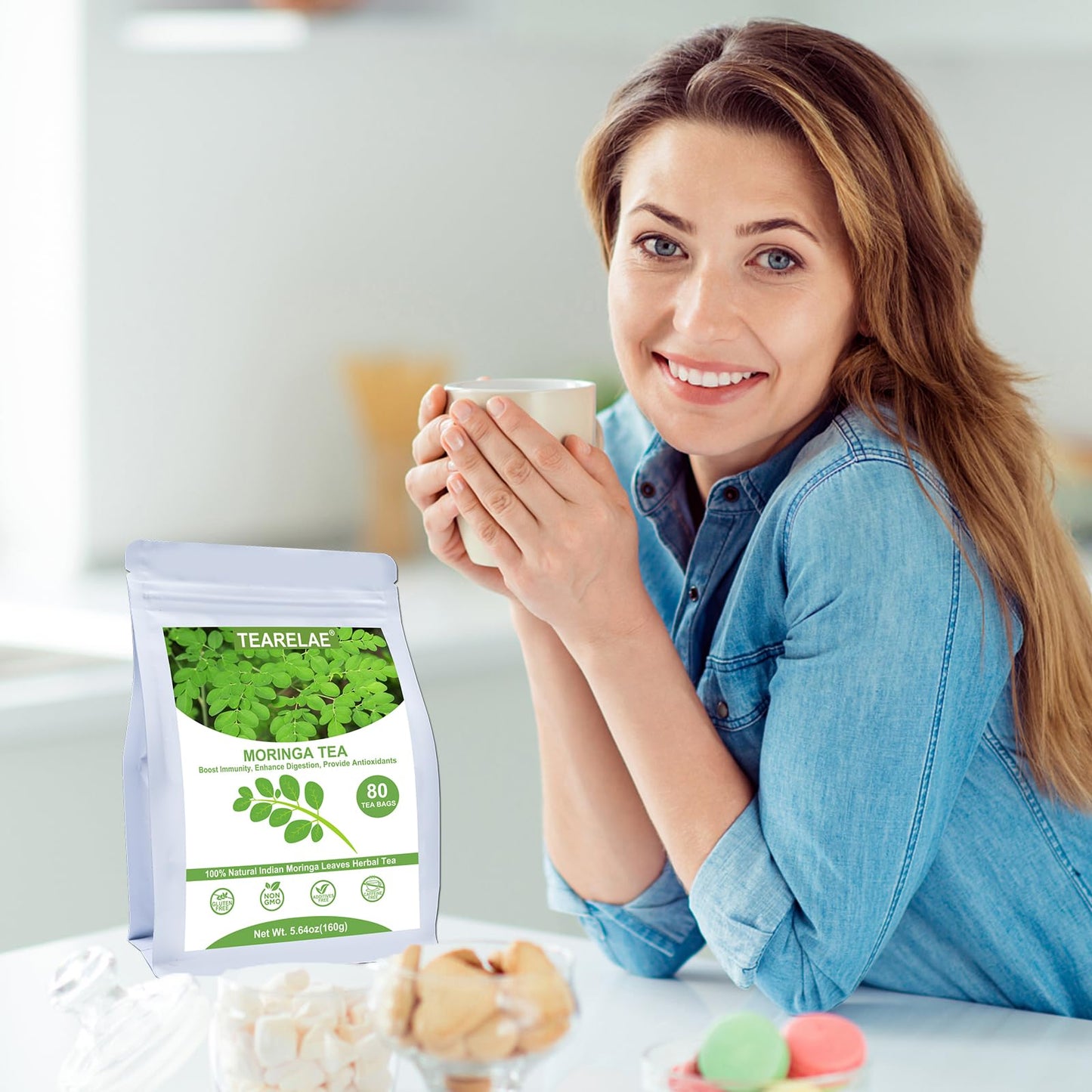 TEARELAE Moringa Tea Bags - Premium Non-GMO, Caffeine-Free - 80 Count