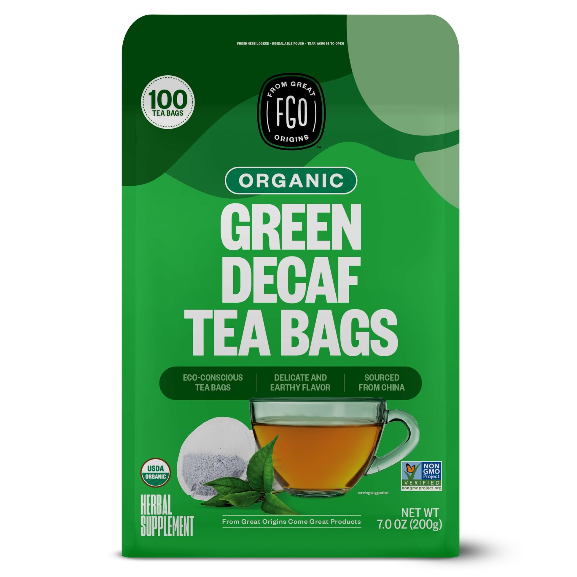 FGO Organic Green Decaf Tea  100 Count  Eco-Conscious Tea Bags  Resealable Bag  Caffeine Free  Packaging May Vary (Pack of 1)