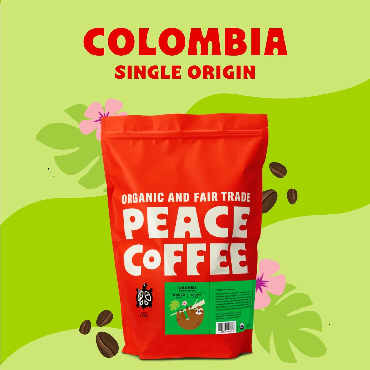 Peace Coffee Colombia Single Origin Coffee | 5 Lb Whole Bean Medium Roast | Organic Fair Trade | Smooth, Crisp Flavor | Shade Gr