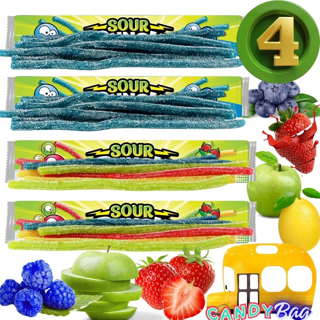 (PACK OF 4) Sour Straws Lovers - 4 Extra Large Unique Trays of 4 Flavors Variety Candy - Blue Raspberry, Strawberry, Green Apple