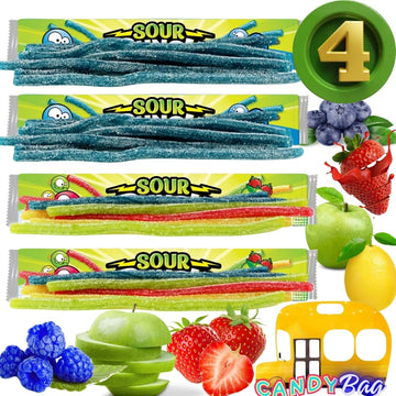 (PACK OF 4) Sour Straws Lovers - 4 Extra Large Unique Trays of 4 Flavors Variety Candy - Blue Raspberry, Strawberry, Green Apple