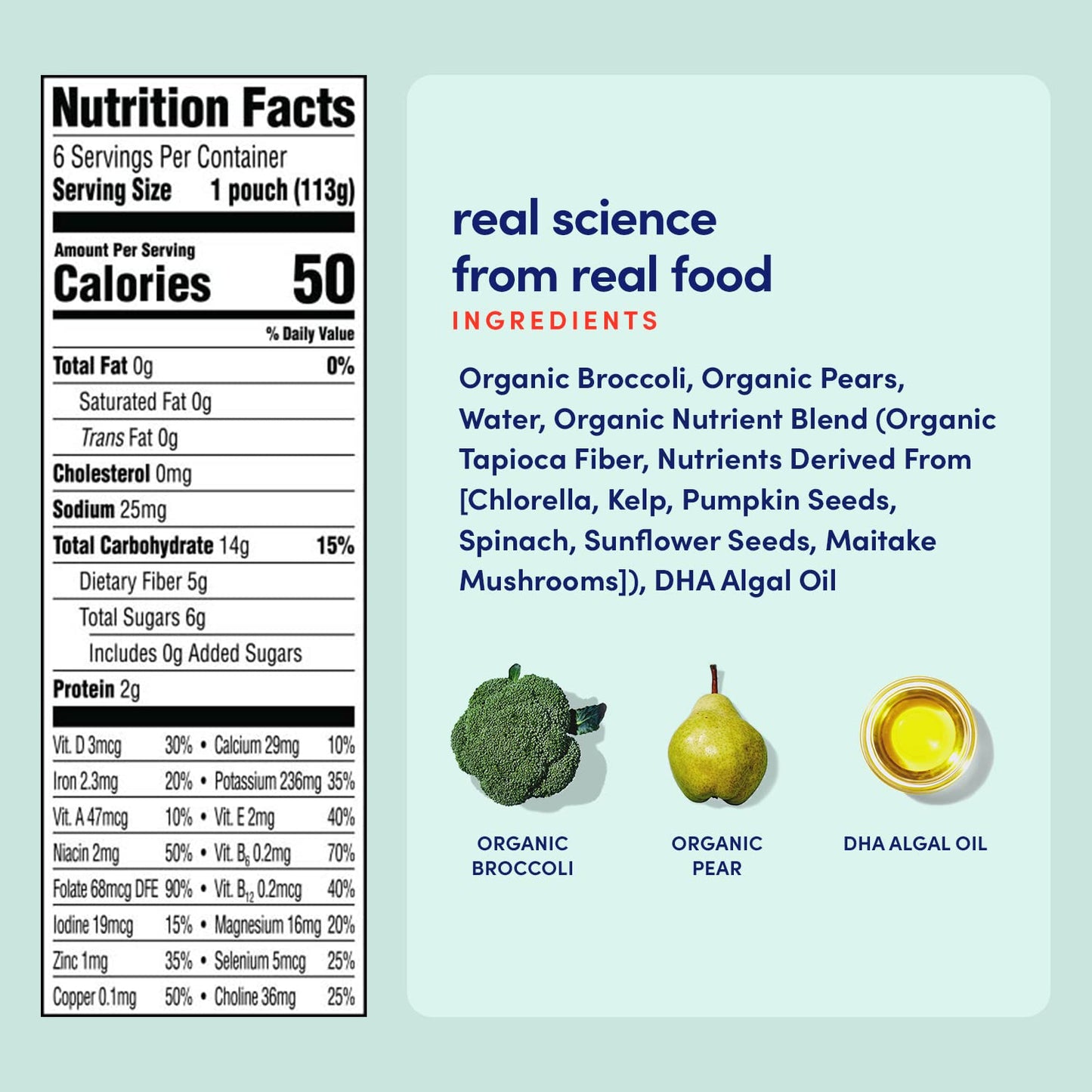 Cerebelly Organic Baby Food Pouches, Broccoli Pear Purees, 16 Nutrients, No Added Sugar, Fiber & Non-Gmo, 4Oz, 6 Pack
