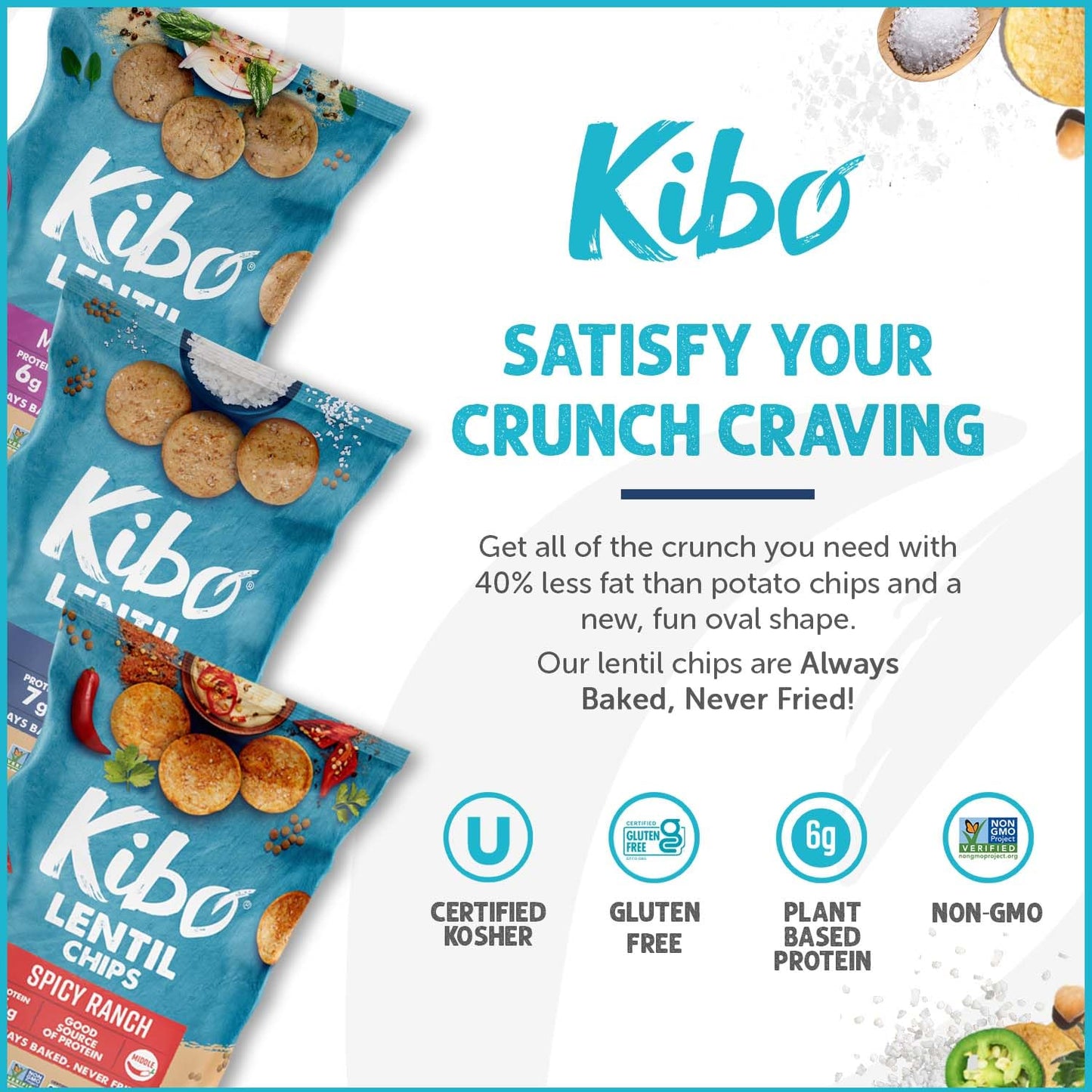 KIBO FOODS Lentil Chips Variety Pack - Gluten-Free, Vegan, Non-GMO - 12 Pack, 28g Each - Maui Onion, Sea Salt, Spicy Ranch