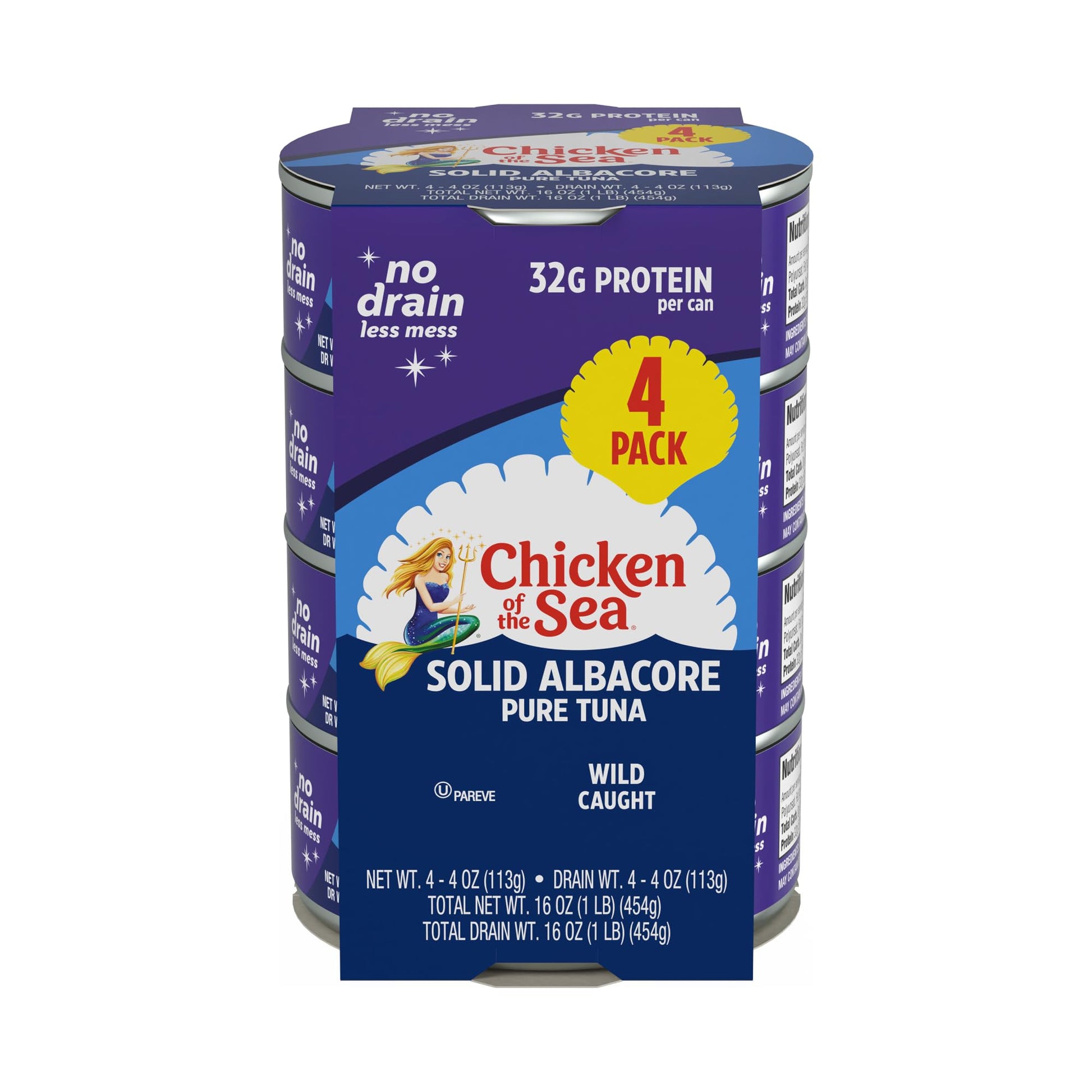 Chicken of the Sea Solid White Pure Tuna, 4 oz. Can (Pack of 4), Wild Caught, No Drain