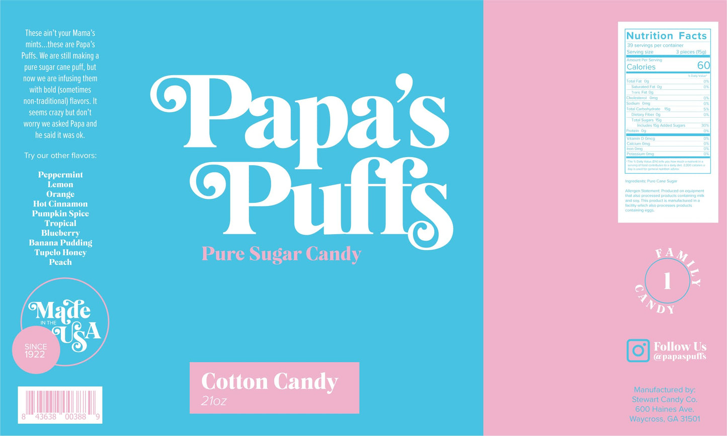 PAPAS PUFFS Cotton Candy Flavored Sugar Candy - Fat-Free, Gluten-Free, 1.68 lb, White, Individually Wrapped in Resealable Tub