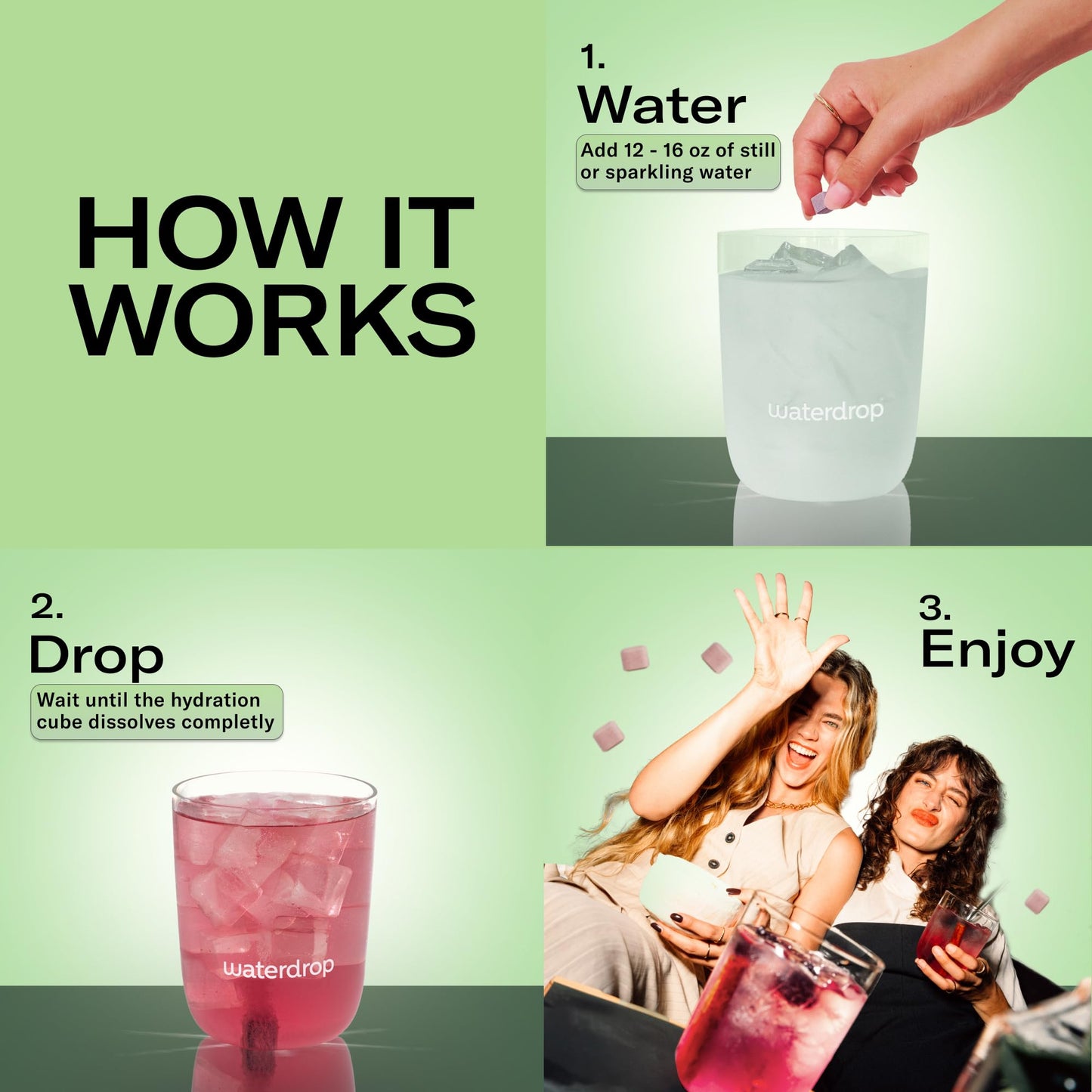 Waterdrop Hydration Cubes, 6 Flavor Variety Pack, Vitamin C, E, B1, B3, B6, B7, B8 & Electrolyte Drops for Still & Sparkling Wat