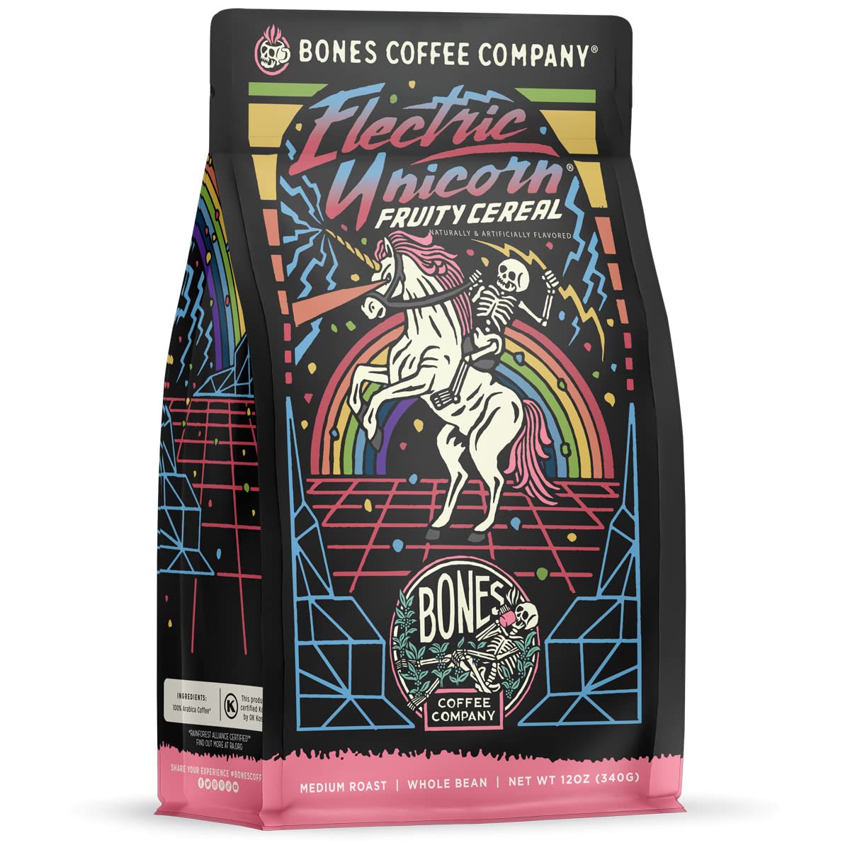 Bones Coffee Company Electric Unicorn Flavored Whole Coffee Beans Fruity Cereal With Milk Flavor | 12 Oz Medium Roast Low Acid Coffee | Coffee Gifts & Beverages (Whole Bean)