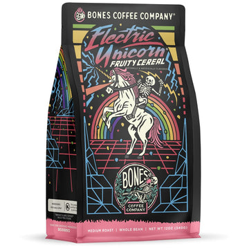 Bones Coffee Company Electric Unicorn Flavored Whole Coffee Beans Fruity Cereal With Milk Flavor | 12 Oz Medium Roast Low Acid Coffee | Coffee Gifts & Beverages (Whole Bean)