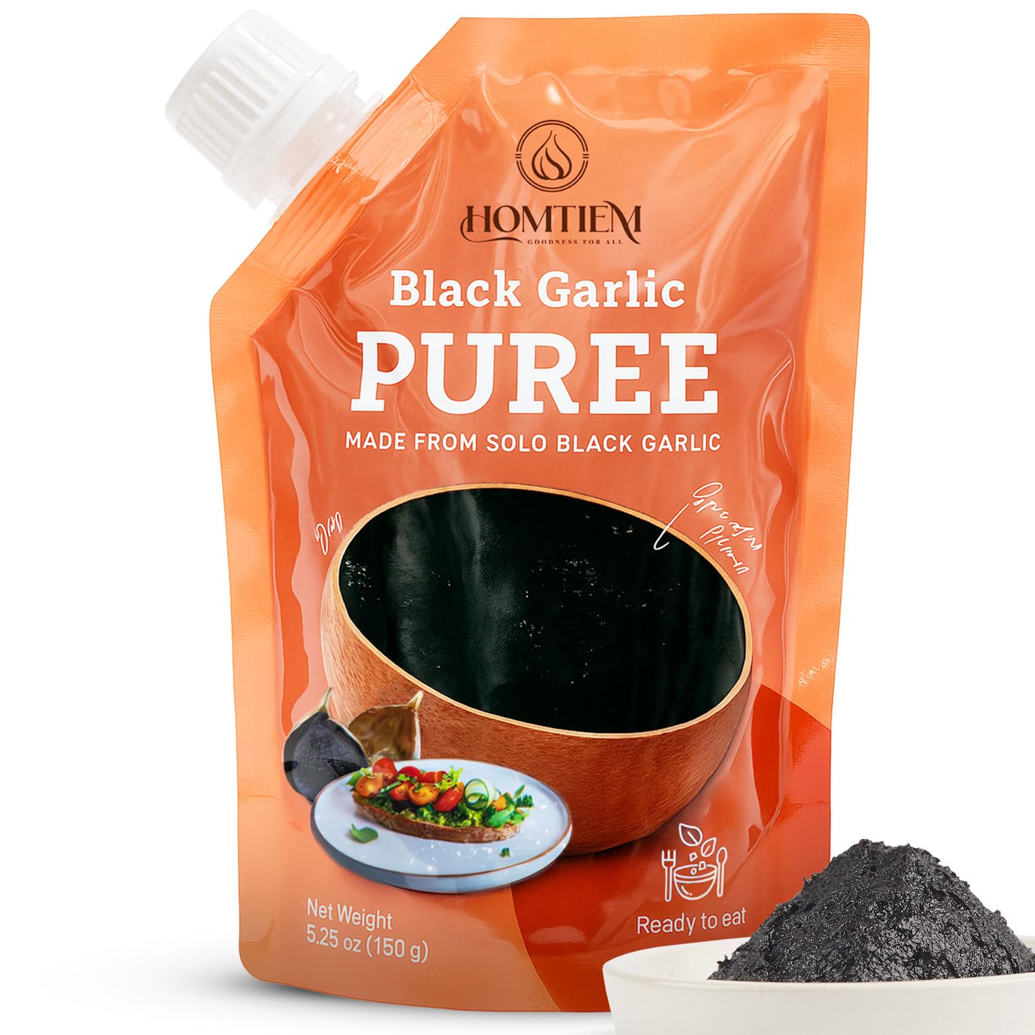 Homtiem Black Garlic Puree 150g. (Made from Solo Black Garlic 100%), Whole Black Garlic Fermented for 90 Days, Non-GMOs, High in