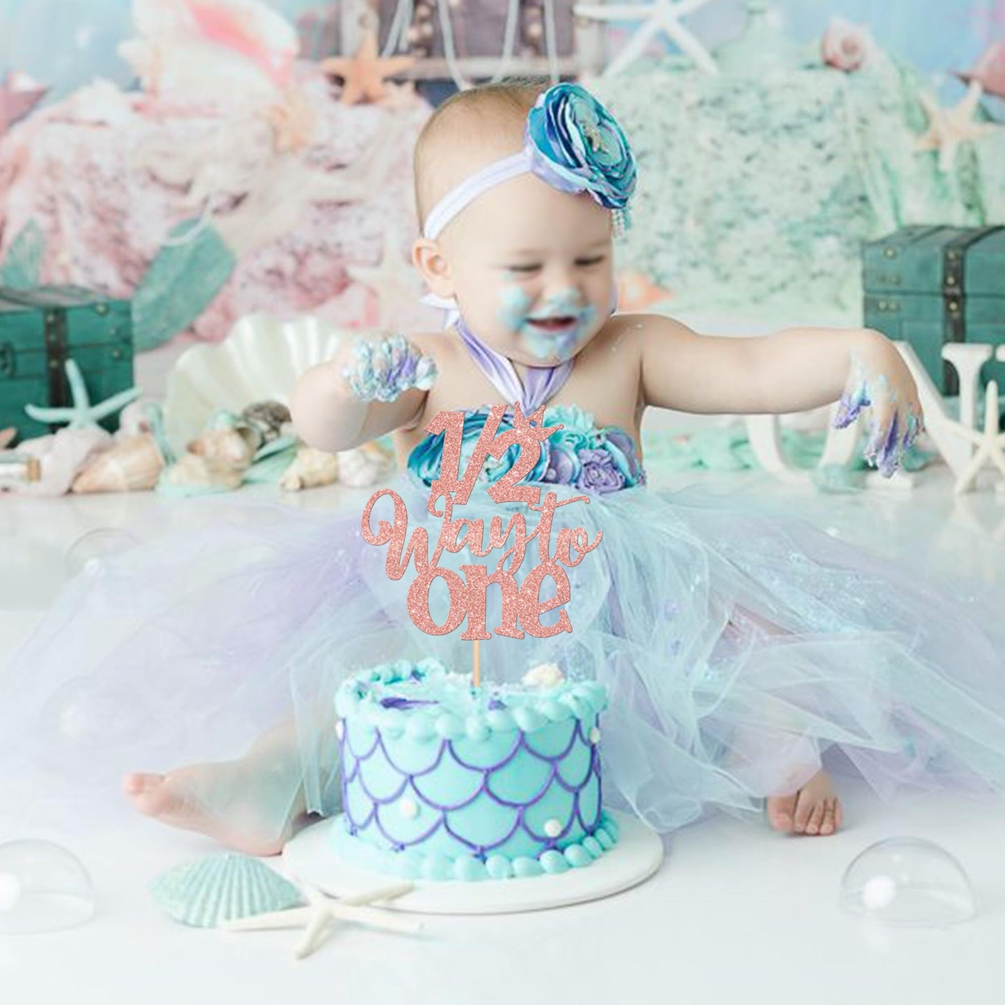 ZHUOWEISM Cake Topper - Glitter Half Way to Go Decoration, Rose Gold, 1 PCS, Happy 6 Months Birthday Party Supplies