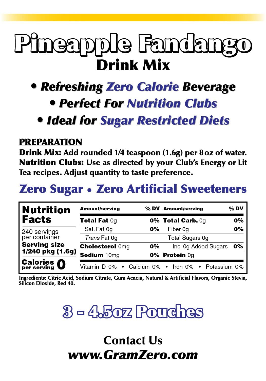 Gramzero Pineapple Fandango Zero Calorie Sugar Free Drink Mix, Great For Nutrition Club Loaded Tea, Stevia Sweetened