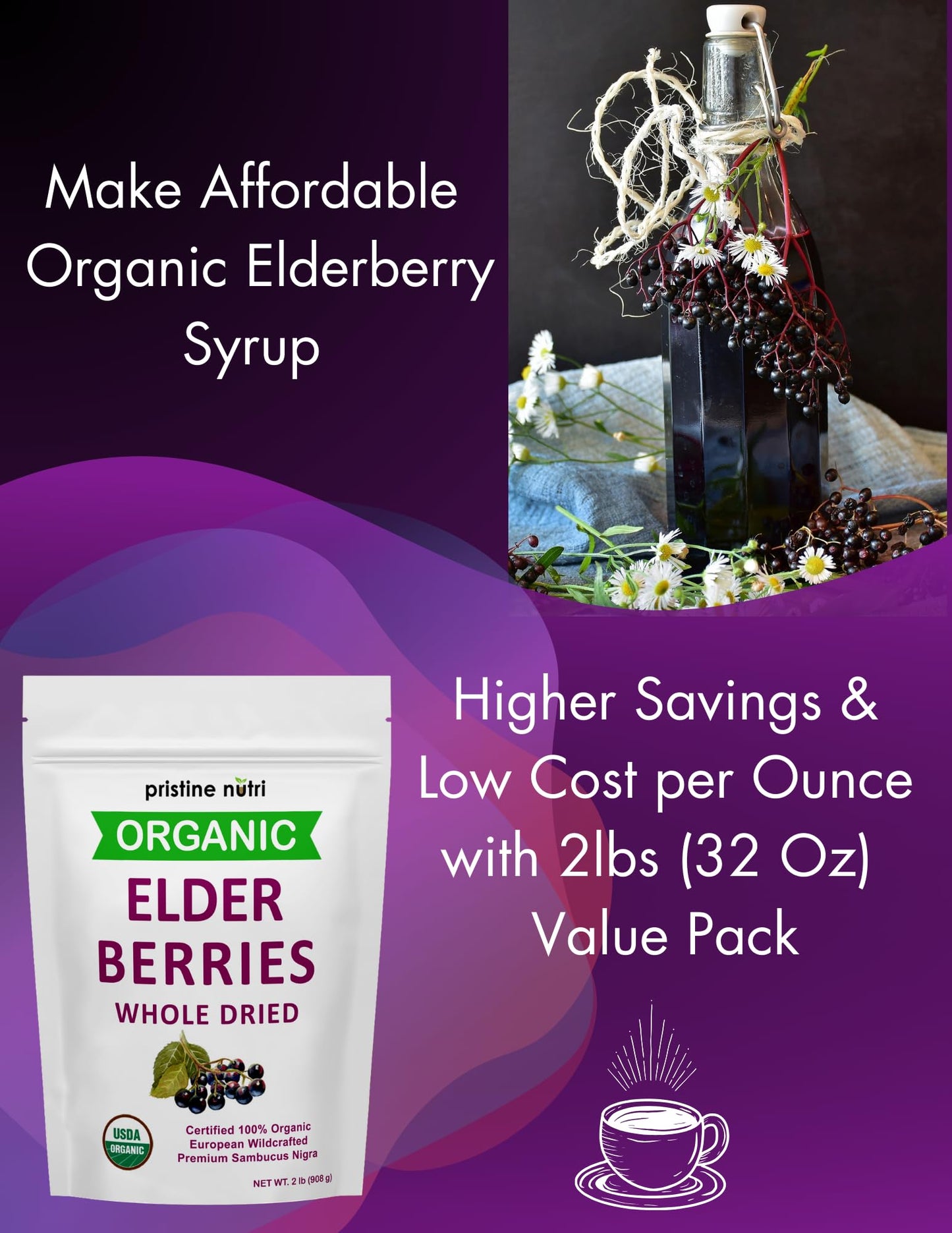 Pristine Nutri Organic Dried Elderberries | Non-GMO, Wildcrafted | 32 oz Bulk | Immunity Booster
