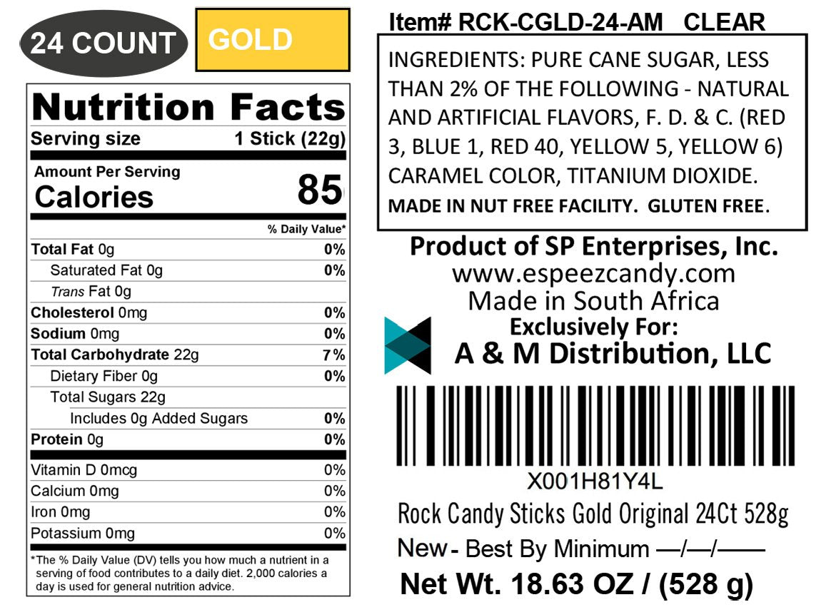 Espeez Rock Candy Sticks - 24 Count Original Lollipops - Gold, Individually Wrapped for Candy Buffets, Birthdays, Weddings, Showers
