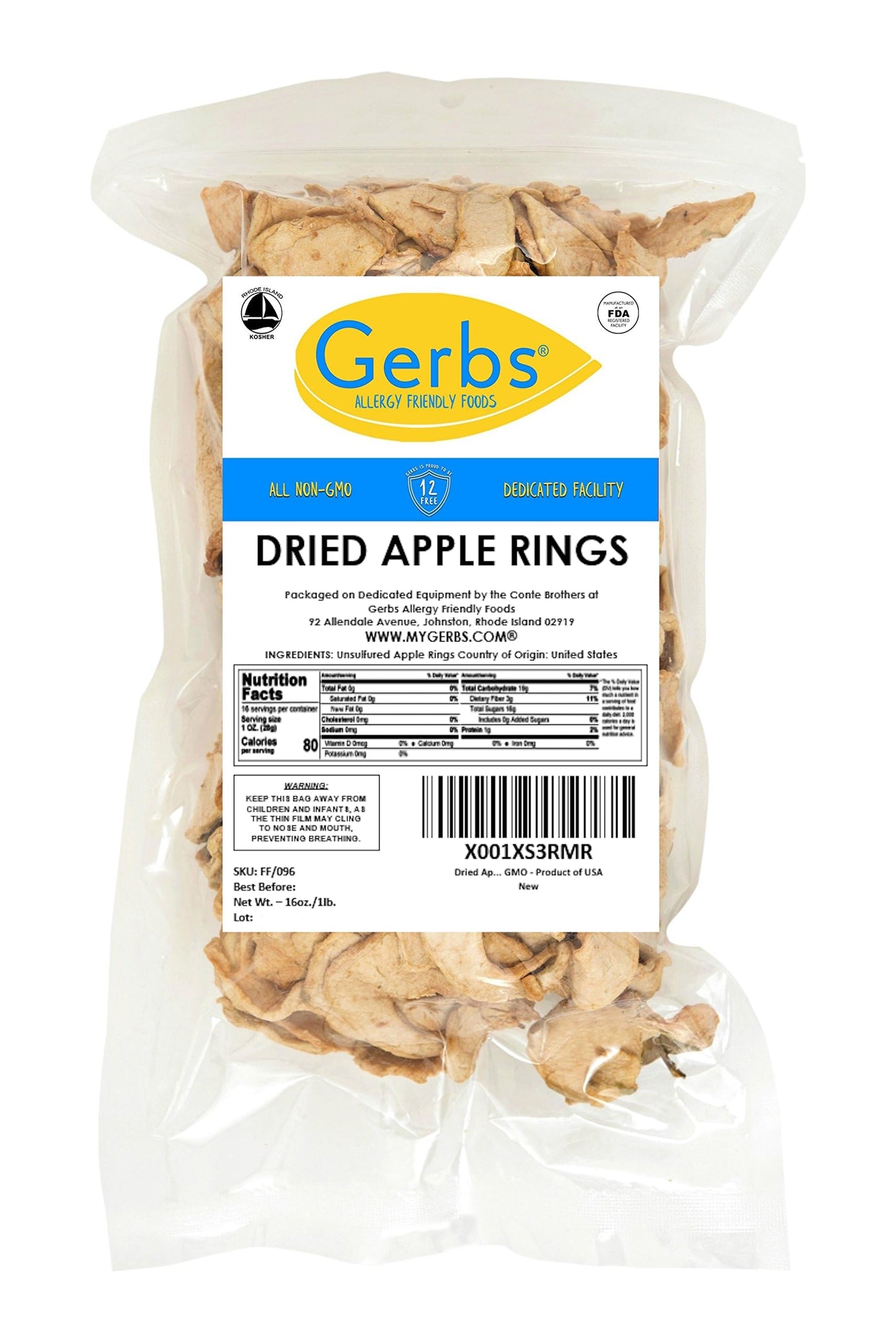 GERBS Dried Apple Slices, Soft & Sweet, 1 LB, Recloseable Bag, Allergen-Free, Gluten & Peanut Free