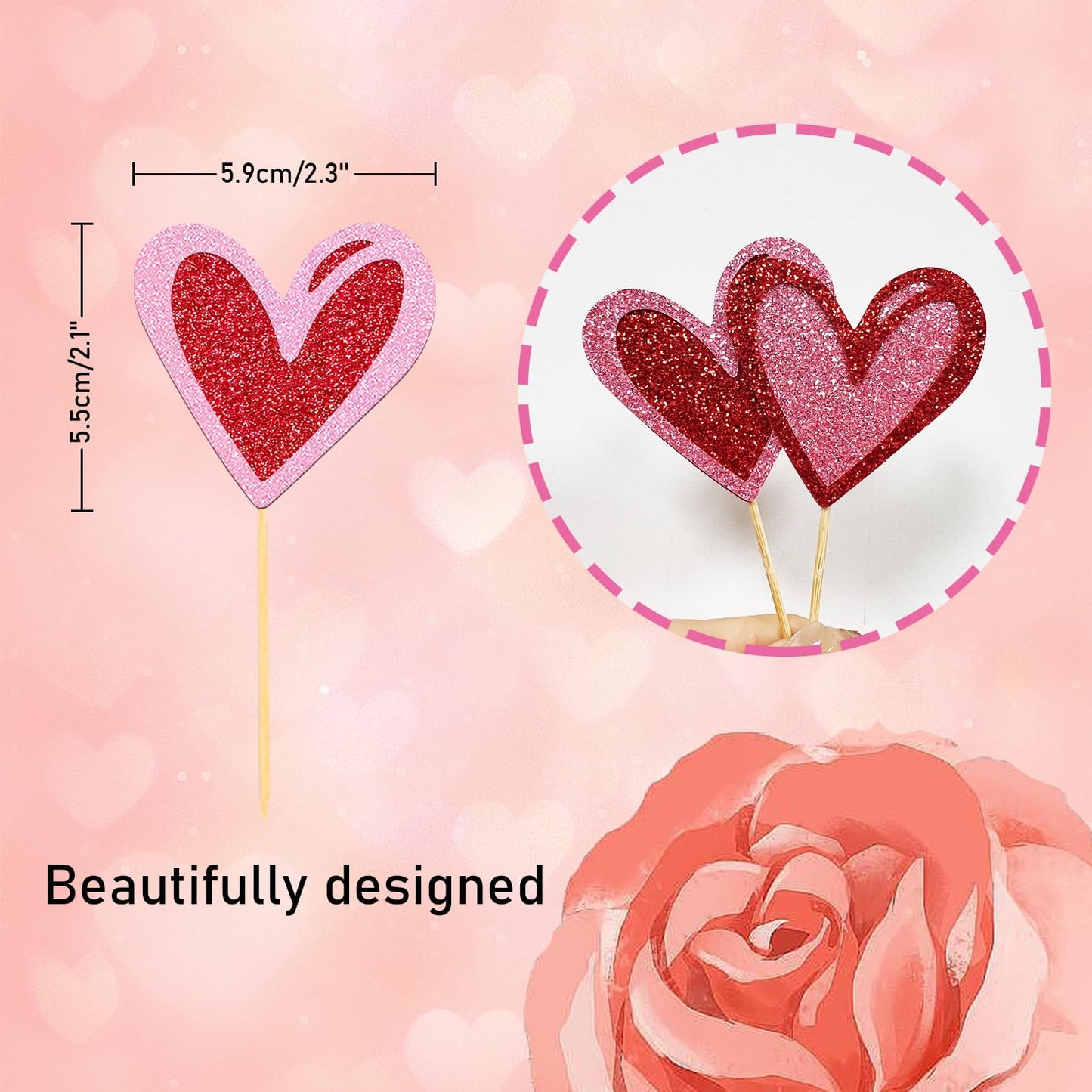 24Pcs Love Heart Cupcake Toppers For Valentine'S Day Decorations, Love Heart Valentine'S Day Cupcake Toppers For Wedding Bridal