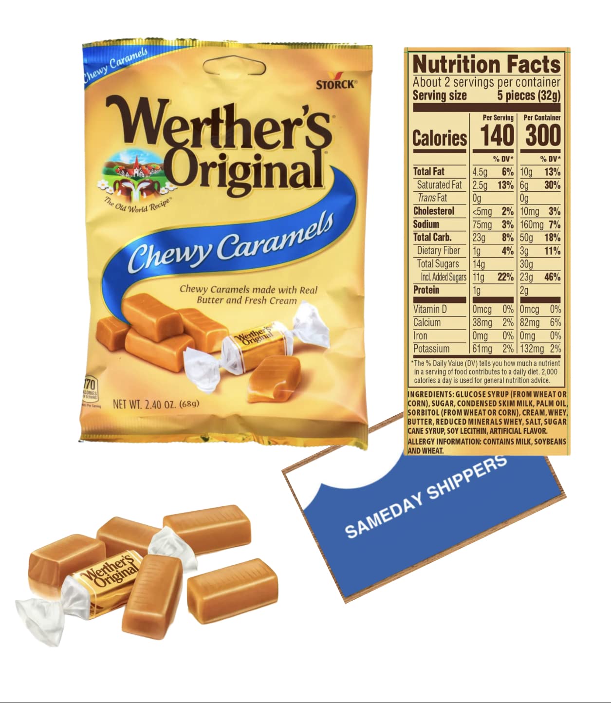 Werthers' Original | Chewy Caramels | Individually Wrapped Candies, 2 Pack -2.4 Oz | Sameday Shippers Card Included