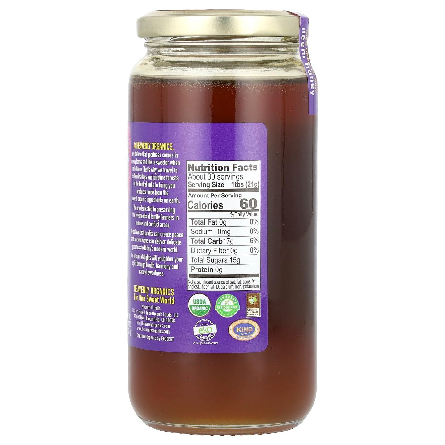 Heavenly Organics Raw Neem Honey - 22 Oz Jar, Lightly Filtered, Organic, Gluten-Free, Kosher, Non-GMO