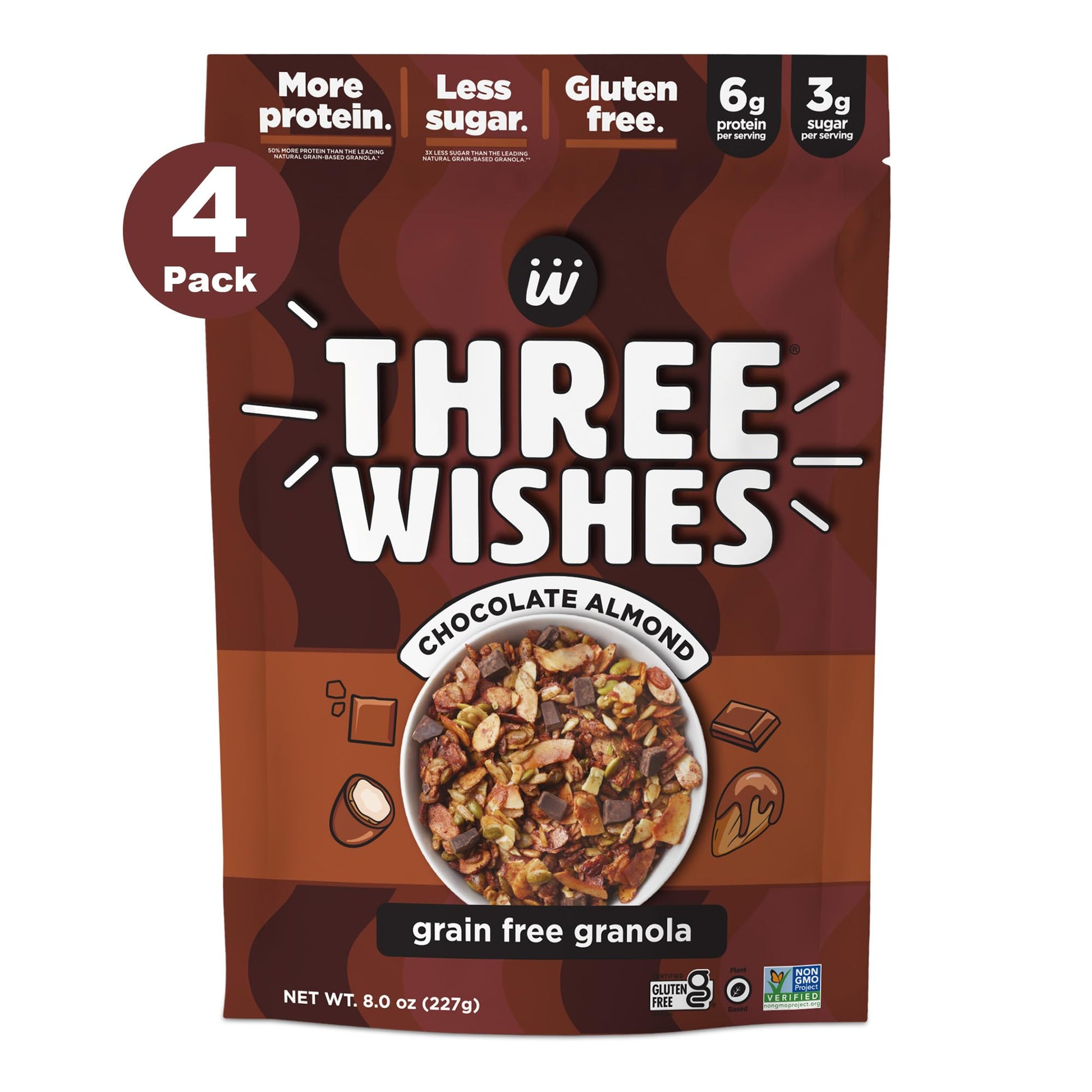 Three Wishes Granola, Chocolate Almond (4-Pack) - Gluten Free Granola, 6g Protein & 3g Sugar Healthy Breakfast & On-the-Go Snack