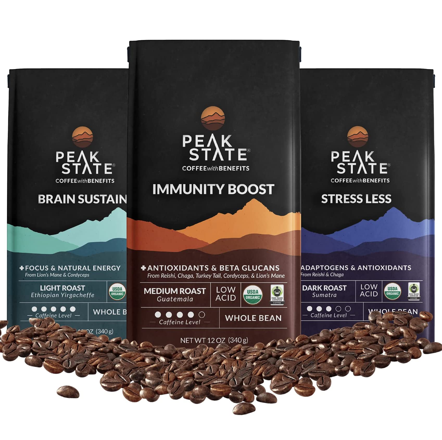 Peak State Coffee with Benefits, 3 Bag Variety Pack, Mushroom Coffee, Low Acid & Smooth, Immunity Boost, Brain Sustain & Stress 