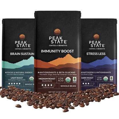 Peak State Coffee with Benefits, 3 Bag Variety Pack, Mushroom Coffee, Low Acid & Smooth, Immunity Boost, Brain Sustain & Stress 