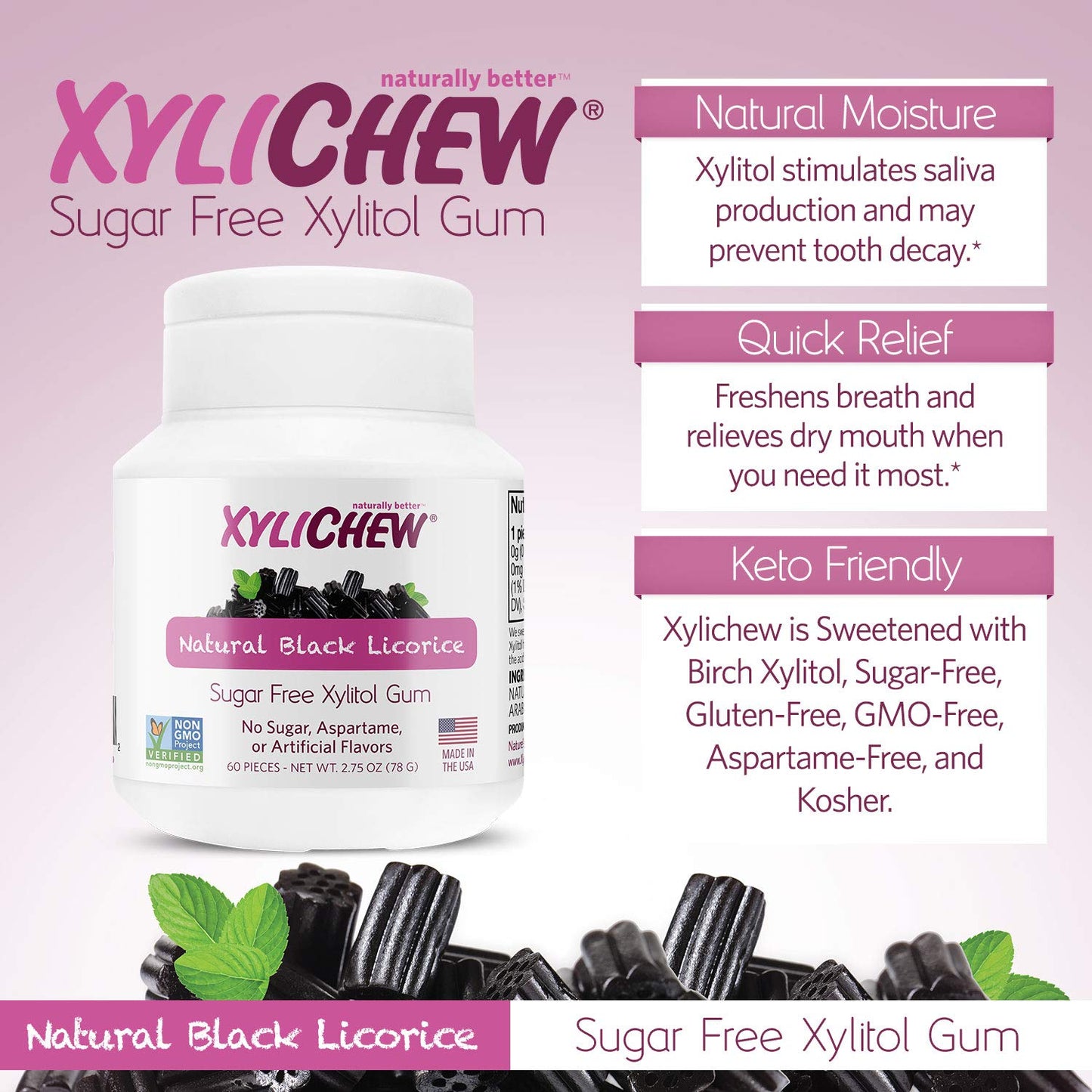 Xylichew Chewing Gum - Non-GMO, Sugar-Free, Licorice Flavor - 60 Count (Pack of 4)