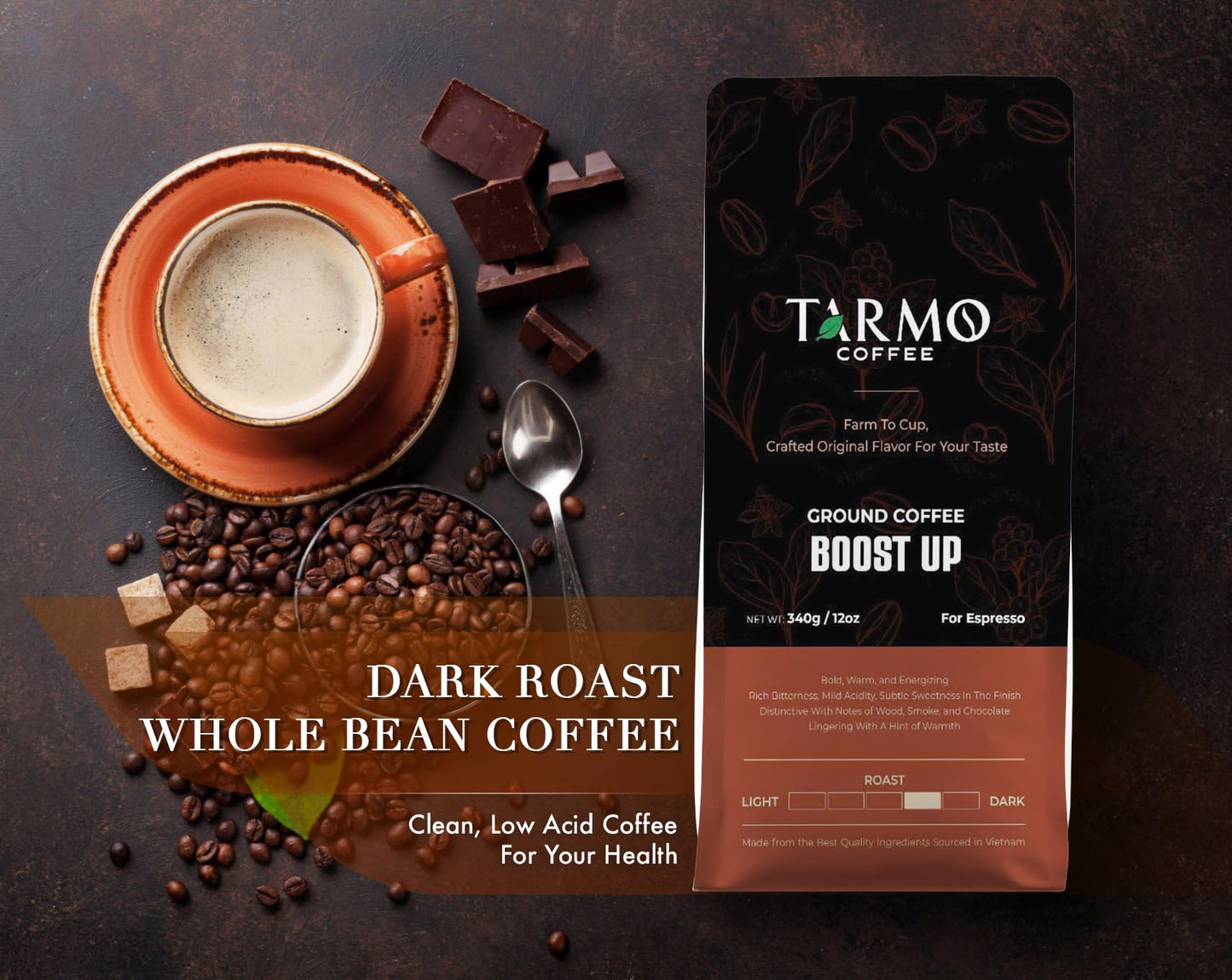 TARMO COFFEE Low Acid Arabica & Robusta Blend Ground Coffee, Dark Roast, High Caffeine, 12 Oz Bag