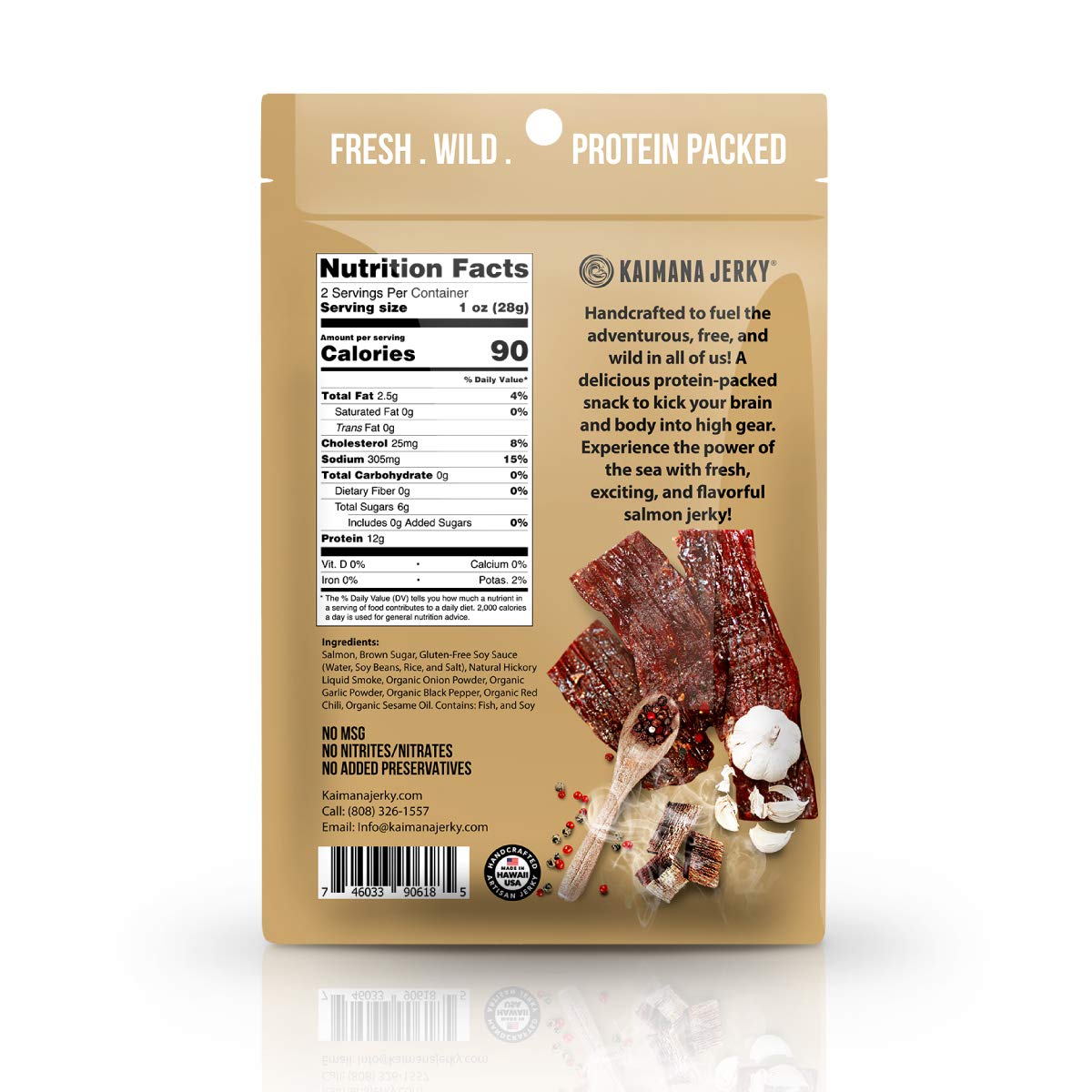 Kaimana Jerky Wild Caught Salmon Jerky - Organic Seafood Snack - Low-Calorie, Gluten-Free - 3 Pack (2 oz Each)
