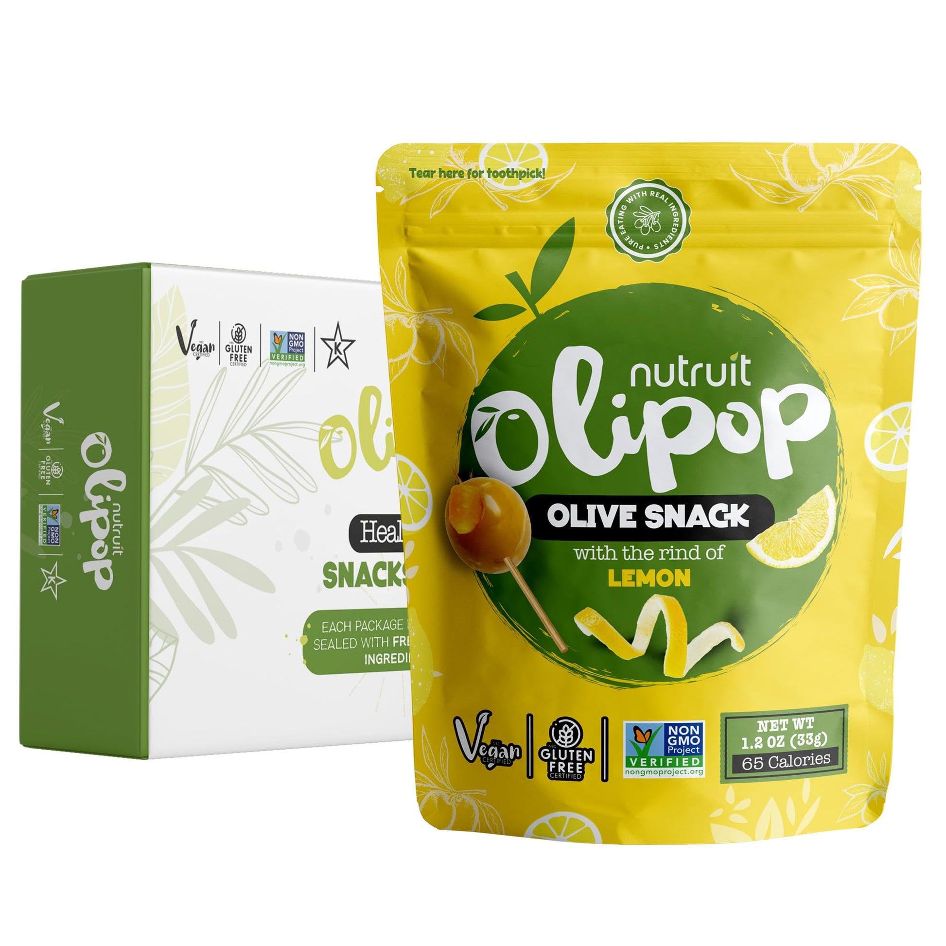 Nutruit Olives Snacks Pitted Olives With Toothpick (Lemon) Fresh Harvest Aegean Olives, Vegan, Non-Gmo, Gluten Free, Kosher, Pal