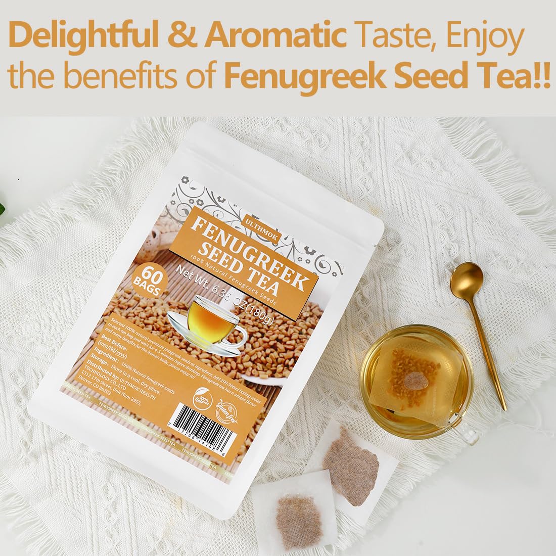 ULTHMOK Premium Fenugreek Tea Bags, 100% Natural, Caffeine Free, 60 Count Pack