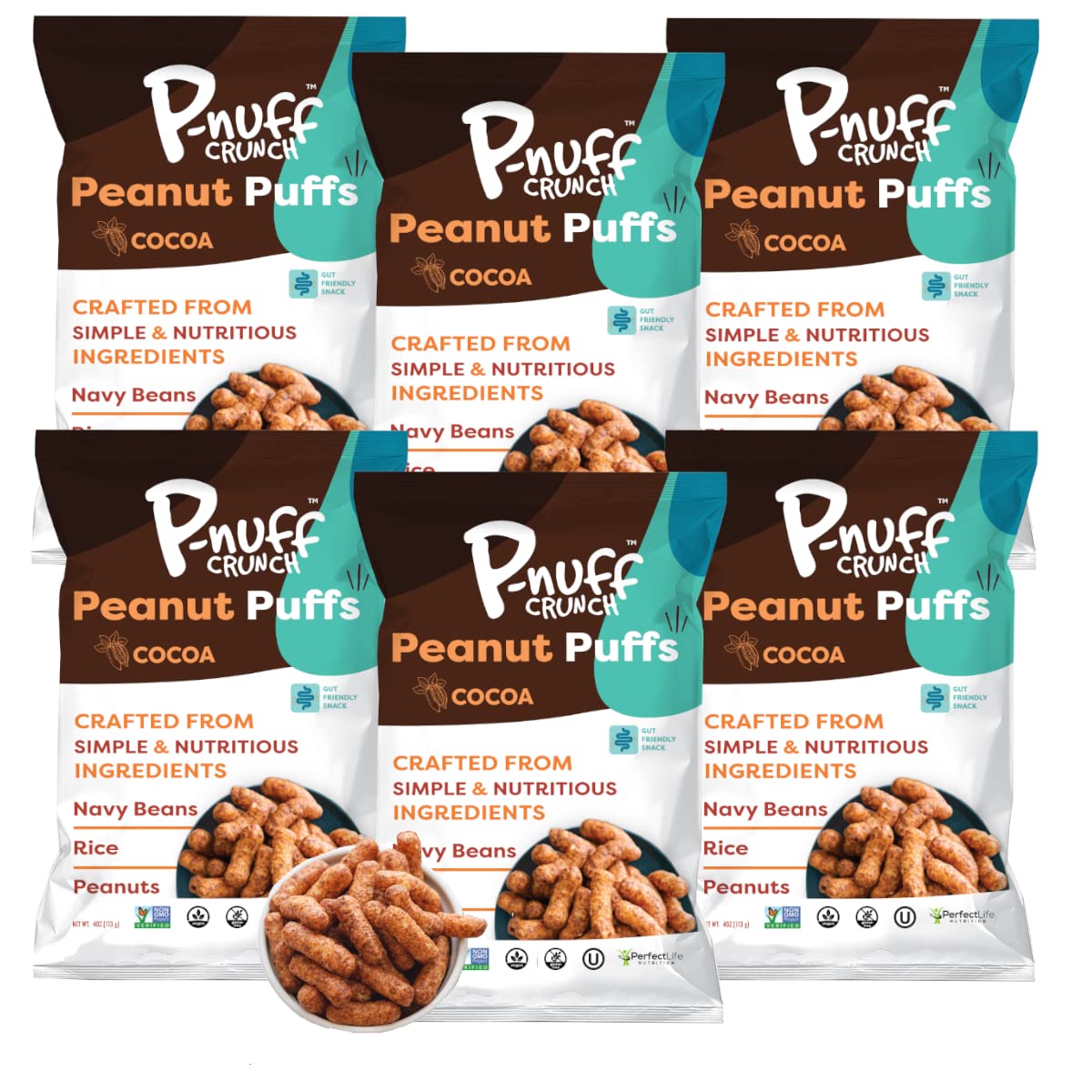 P-Nuff Peanut Butter Puffs - Healthy, Low Calorie, Gluten Free, Vegan, High Protein Snacks - 4 Oz Bag (Pack of 6)
