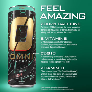 Steel dietary products OMNI Energy Drink, 200mg Caffeine, B Vitamins, Sugar-Free, Low Calorie, 12 Oz, Pack of 12