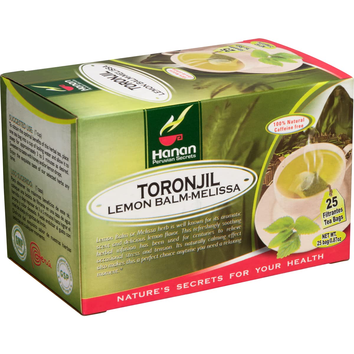 HANAN PERUVIAN SECRETS Lemon Balm Tea - Herbal Tea with 25 Teabags - Natural Dried Plant Leaves from Peru