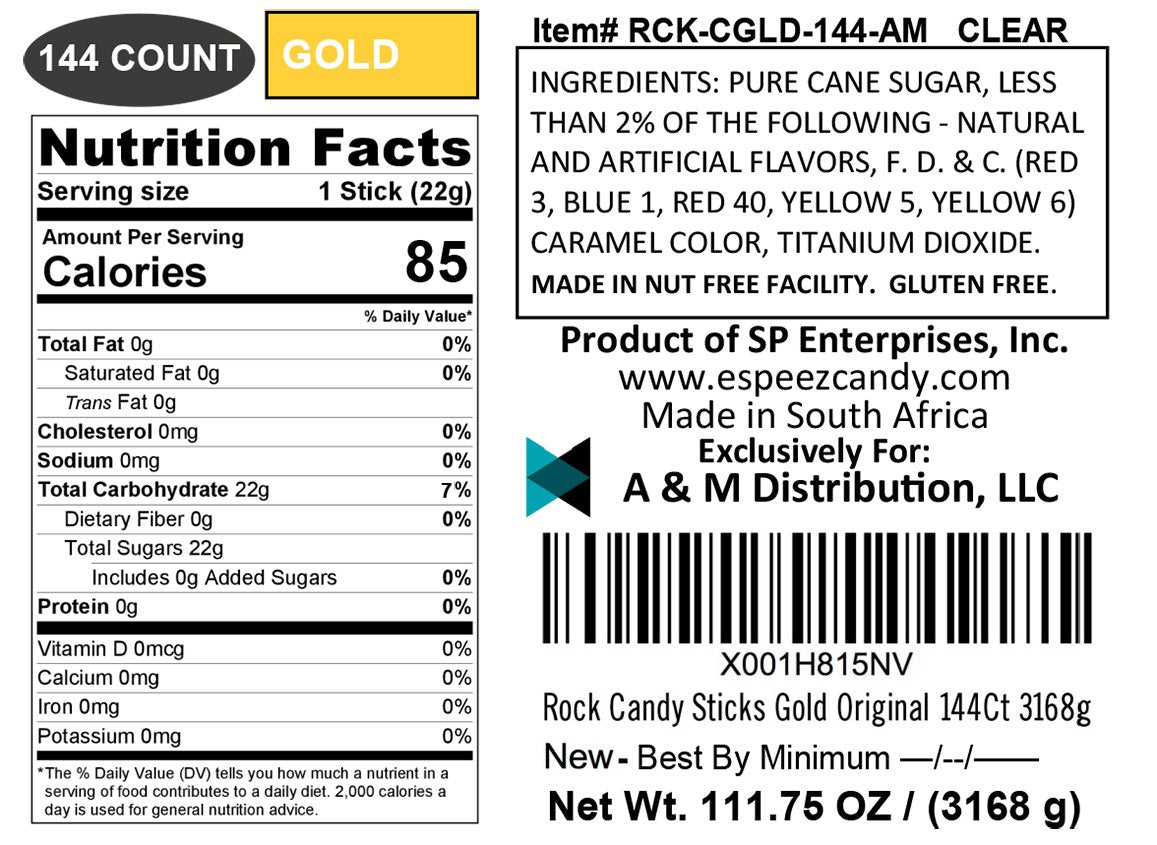 Espeez Extra Large Rock Candy Sticks - 144 Count - Individually Wrapped - Gold - Great for Candy Buffets, Birthdays, Weddings, Baby Showers