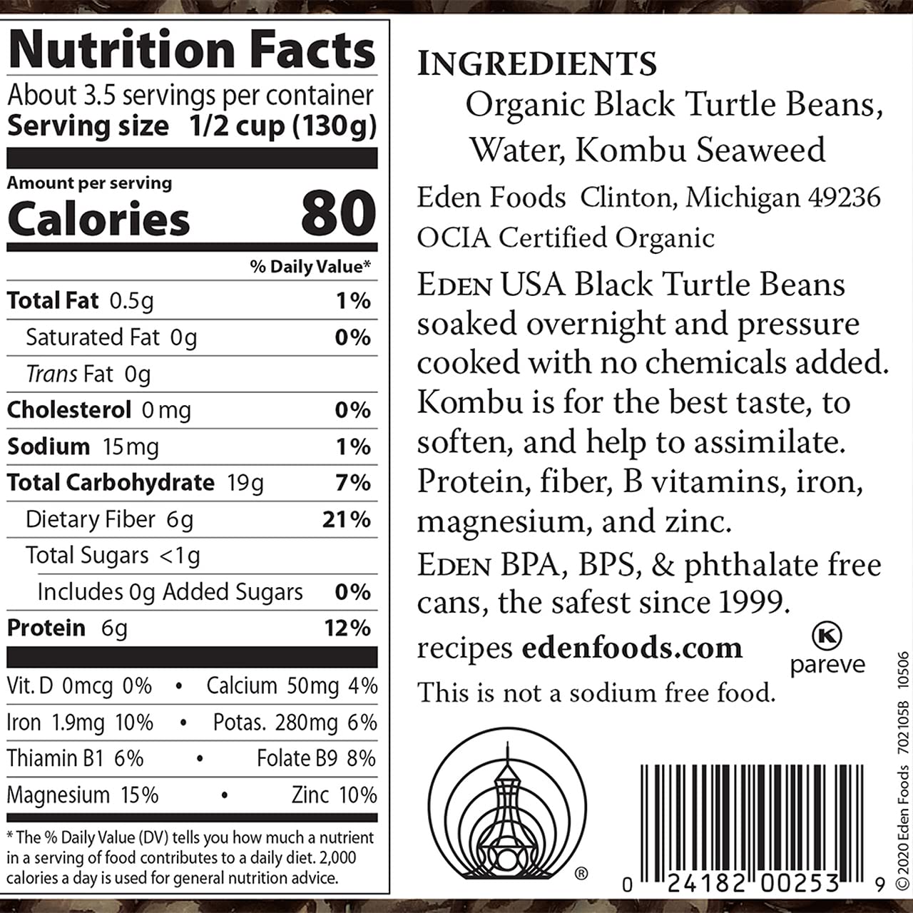 Eden Organic Black Beans No Salt Added 15 Oz (Pack Of 6)