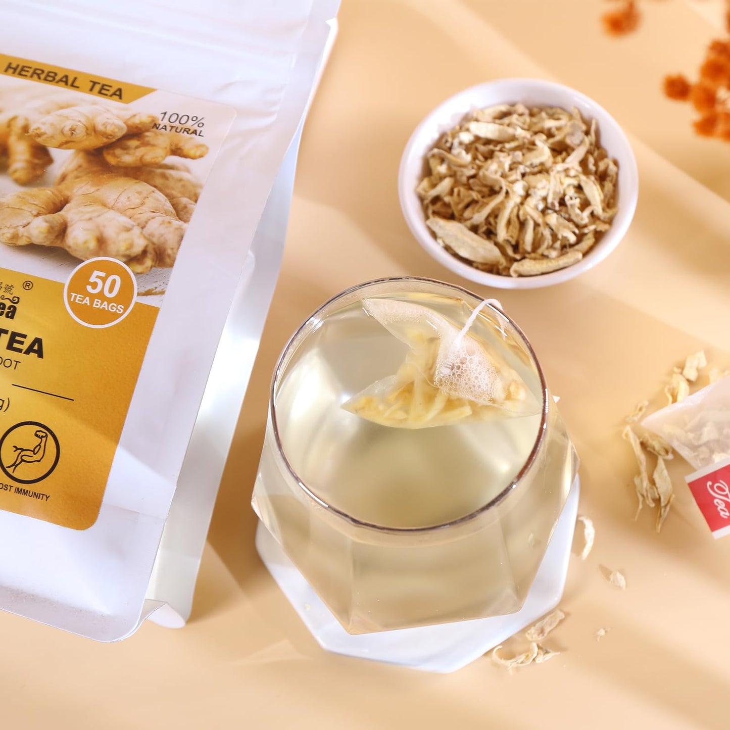 FullChea Ginger Tea Bags - Premium Ginger Root Tea, Caffeine-free, Non-GMO, 50 Count