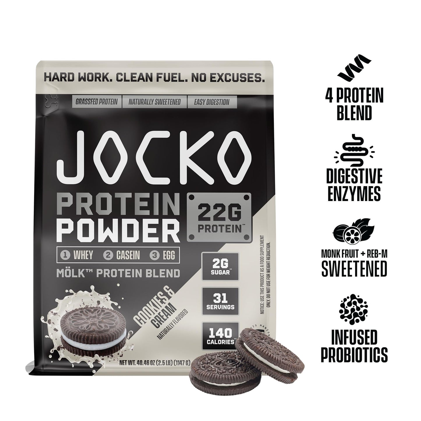 Jocko Mlk Whey Protein Powder - Keto, Probiotics, Grass Fed, Digestive Enzymes, Amino Acids, Sugar Free Monk Fruit Blend - Suppo