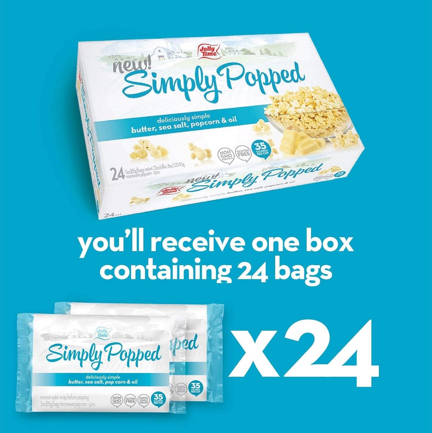 Jolly Time Simply Popped Microwave Popcorn - Lightly Salted, Gluten Free, 3 Ounce (Pack of 24)