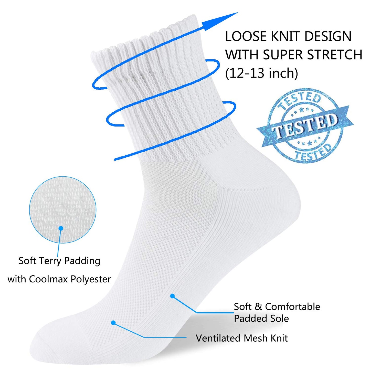 Well Knitting Diabetic Socks For Men & Women Non-Binding Top Crew Socks Quarter Socks 4 Pairs (White, Xl)