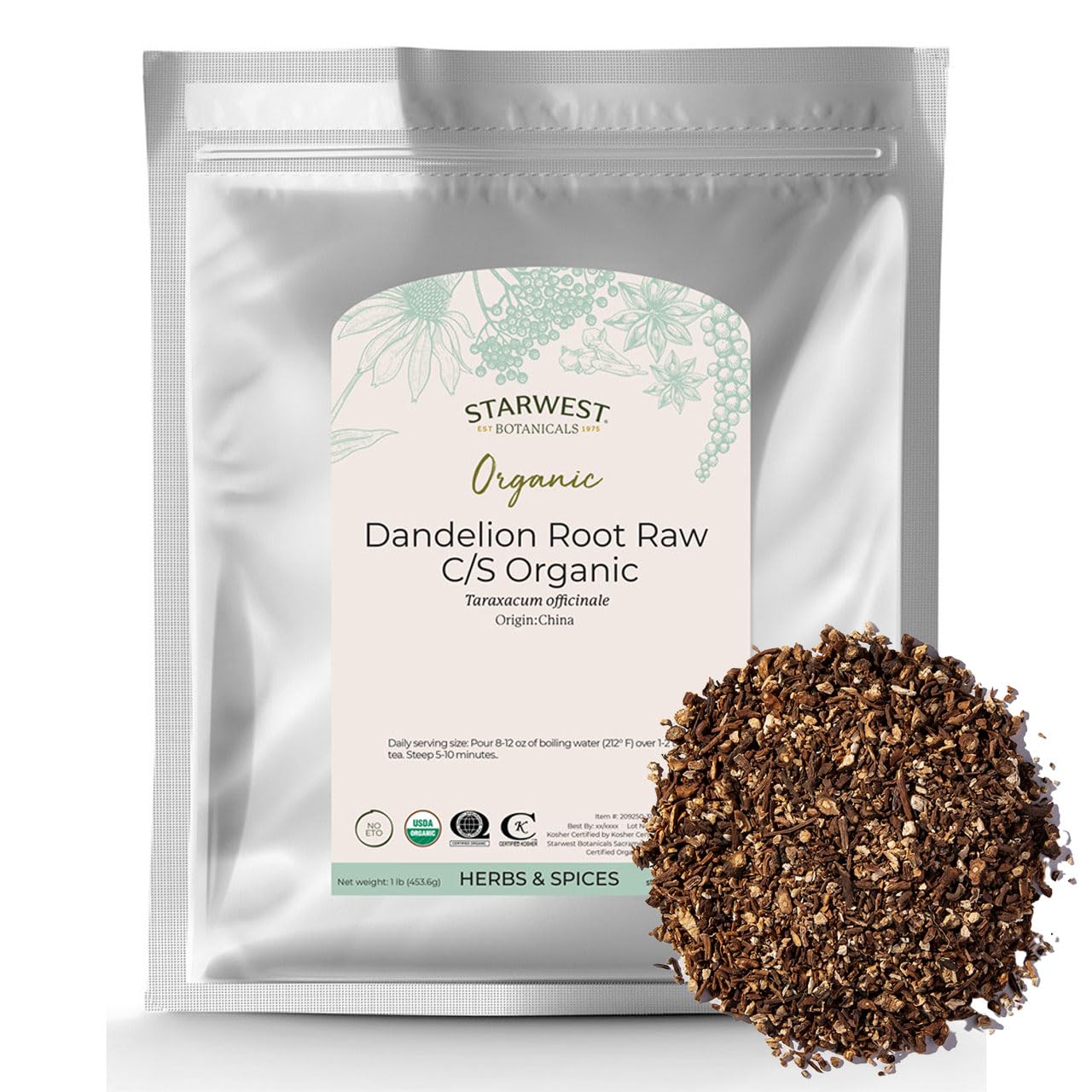 Starwest Botanicals Organic Dandelion Root Loose Leaf Herbal Tea, Cut & Sifted, Caffeine-Free, 1 lb Bag
